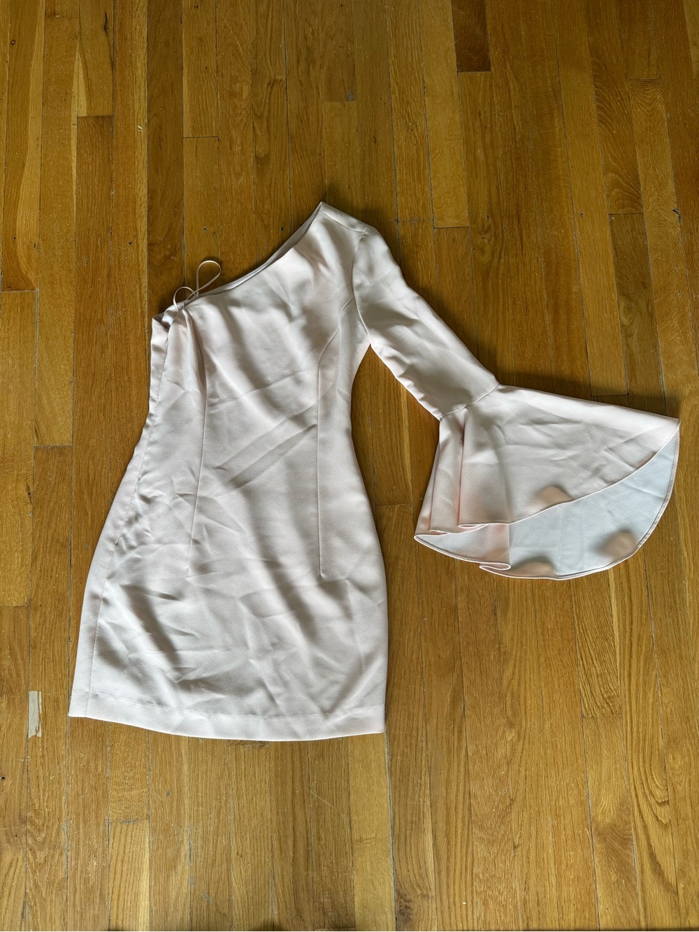 INTERMIX One-Shoulder Mini Dress in Pale Pink with Bell Sleeve